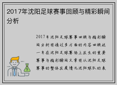 2017年沈阳足球赛事回顾与精彩瞬间分析