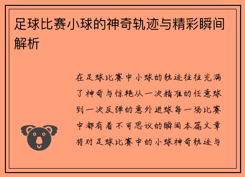 足球比赛小球的神奇轨迹与精彩瞬间解析