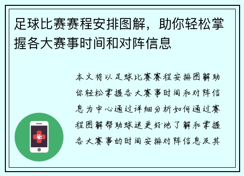 足球比赛赛程安排图解，助你轻松掌握各大赛事时间和对阵信息