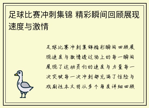 足球比赛冲刺集锦 精彩瞬间回顾展现速度与激情