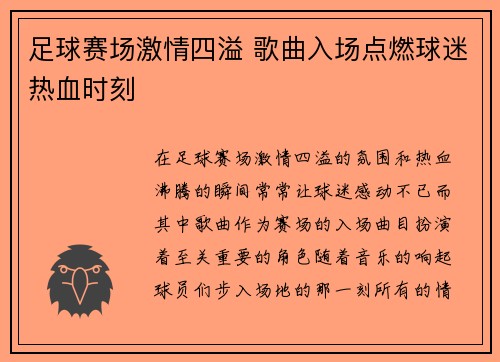 足球赛场激情四溢 歌曲入场点燃球迷热血时刻