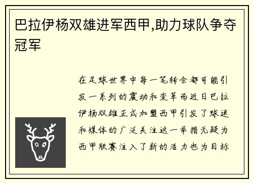 巴拉伊杨双雄进军西甲,助力球队争夺冠军