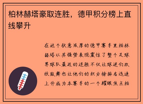 柏林赫塔豪取连胜，德甲积分榜上直线攀升
