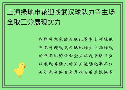 上海绿地申花迎战武汉球队力争主场全取三分展现实力