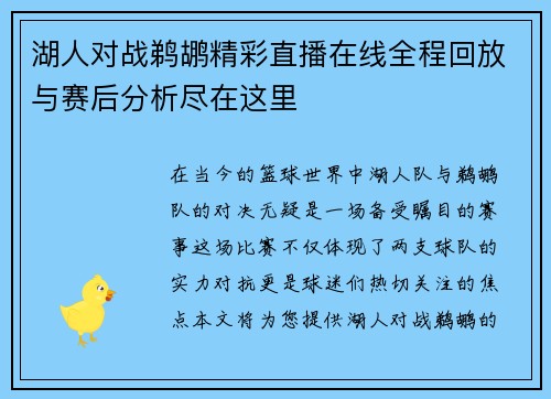 湖人对战鹈鹕精彩直播在线全程回放与赛后分析尽在这里