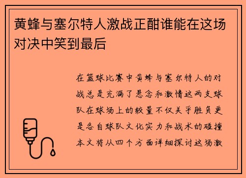 黄蜂与塞尔特人激战正酣谁能在这场对决中笑到最后