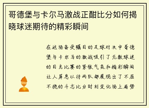 哥德堡与卡尔马激战正酣比分如何揭晓球迷期待的精彩瞬间
