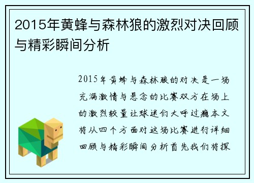 2015年黄蜂与森林狼的激烈对决回顾与精彩瞬间分析