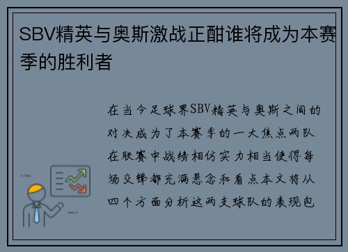 SBV精英与奥斯激战正酣谁将成为本赛季的胜利者