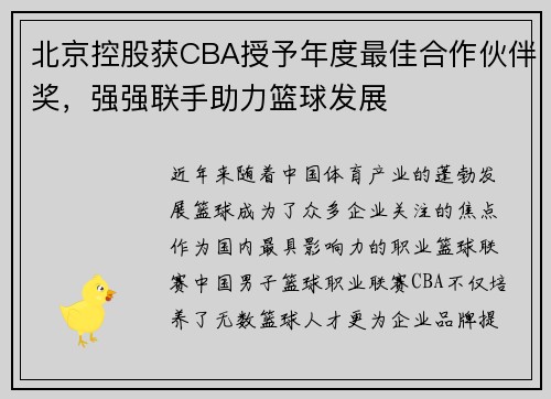 北京控股获CBA授予年度最佳合作伙伴奖，强强联手助力篮球发展